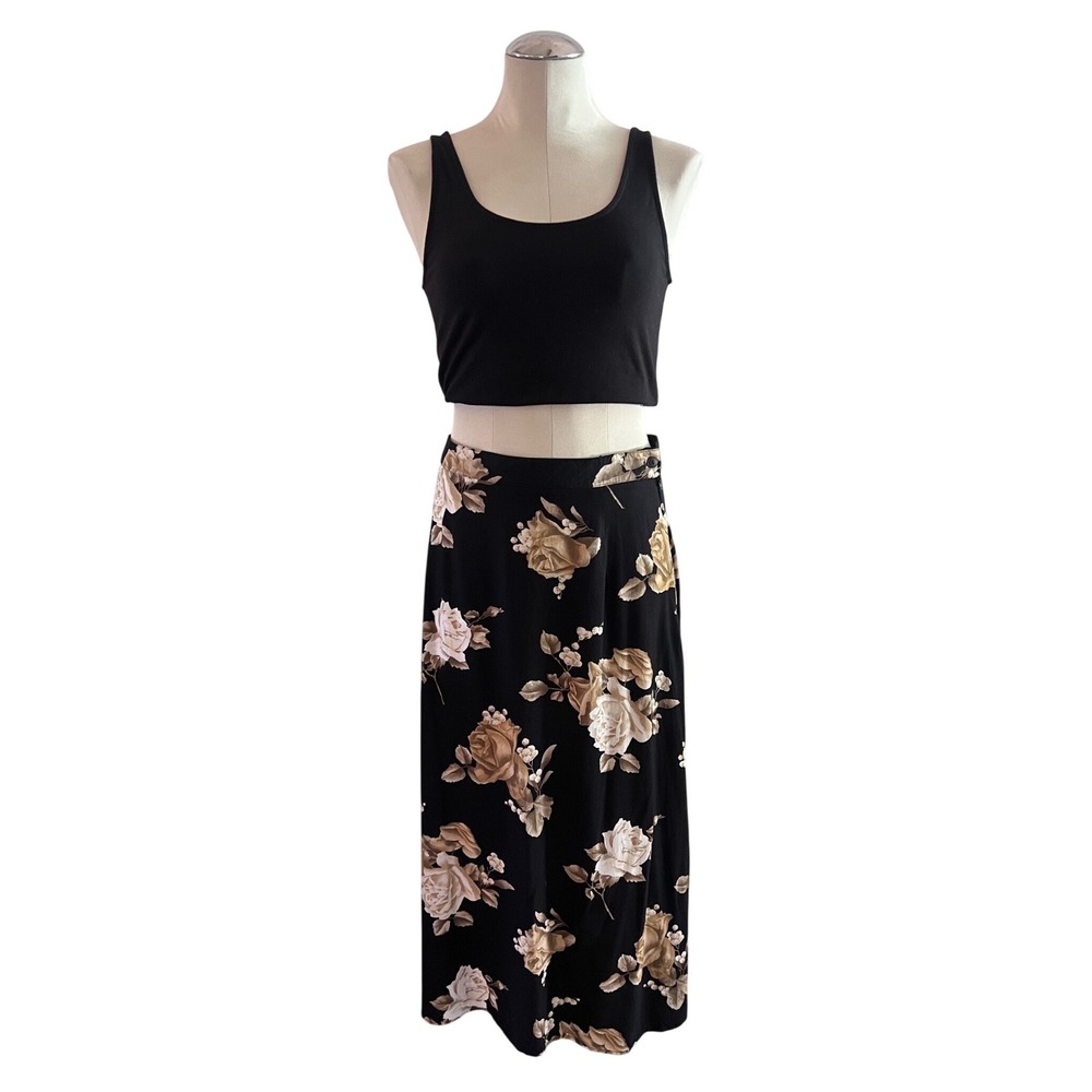 Black Rose Floral Rayon Midi Skirt 13/14 Made in USA Robyne & Diane 90s Vintage
